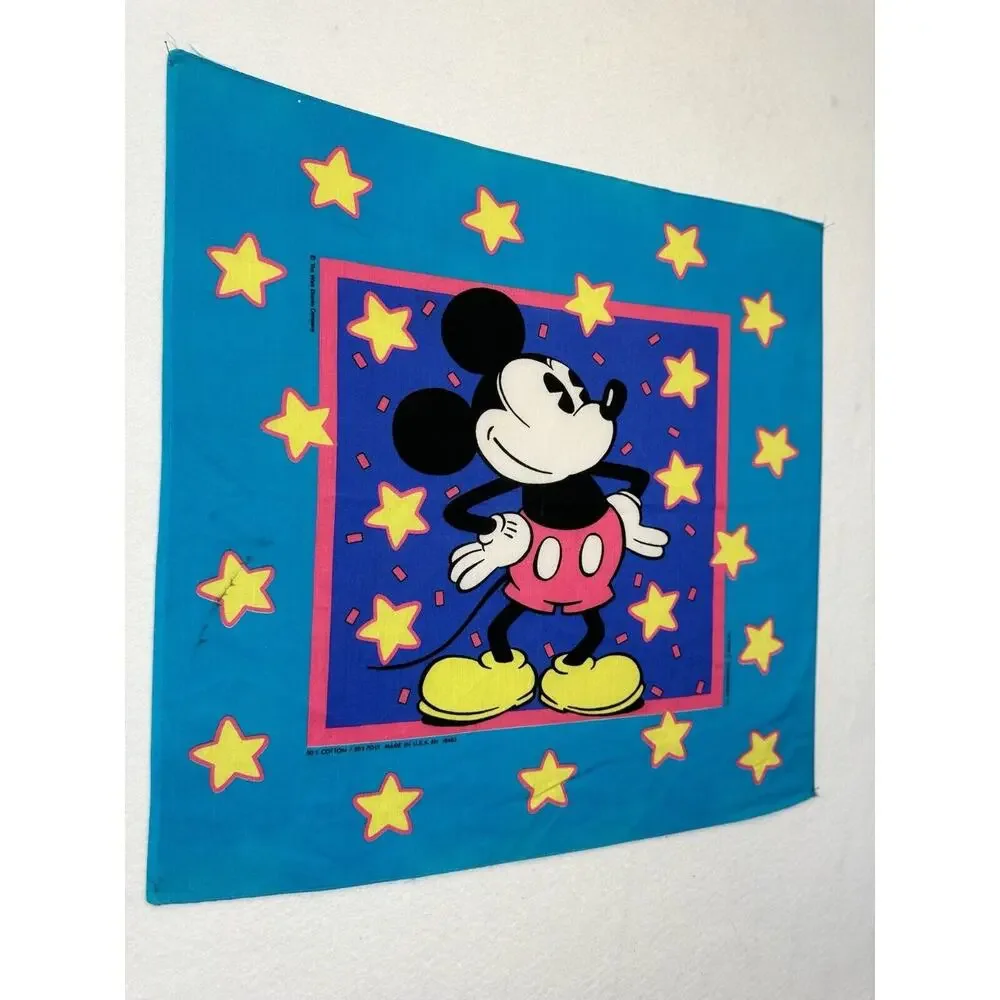 VTG 80s Disney Mickey Mouse Star Handkerchief Scarf Bandana Western Cartoon Blue